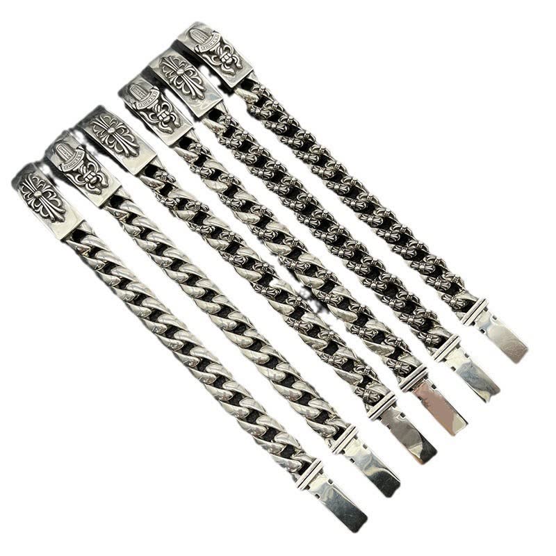 Chrome Hearts Silver Tone Chain Bracelets with Engraved Clasps